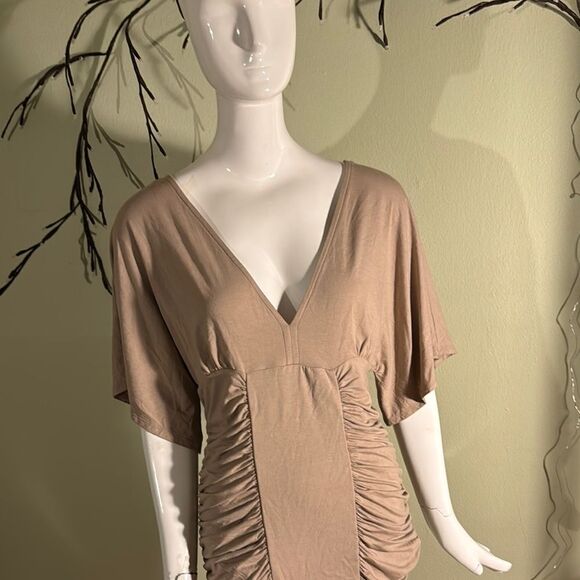 Boston Proper Beige V-Neck Ruched top - Picture 1 of 6